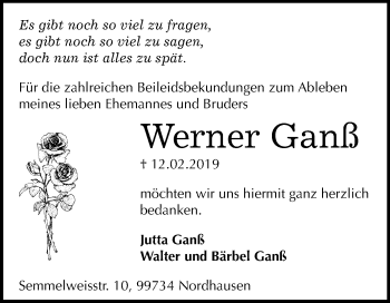 Traueranzeige von Werner Ganß von Mitteldeutsche Zeitung Sangerhausen