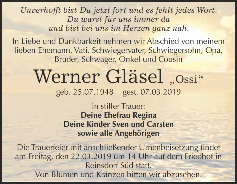  Traueranzeige für Werner Gläsel vom 16.03.2019 aus Super Sonntag Wittenberg