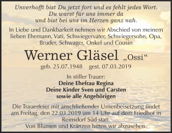 Traueranzeige von Werner Gläsel von Super Sonntag Wittenberg