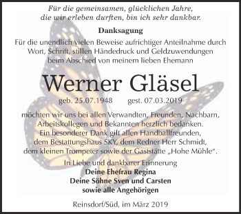 Traueranzeige von Werner Gläsel von Super Sonntag Wittenberg