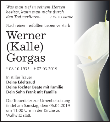 Traueranzeige von Werner Gorgas von Mitteldeutsche Zeitung Halle/Saalkreis