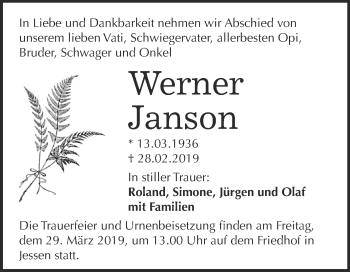 Traueranzeige von Werner Janson von WVG - Wochenspiegel Wittenberg