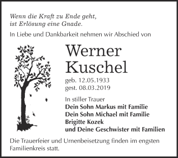 Traueranzeige von Werner Kuschel von WVG - Wochenspiegel Wittenberg