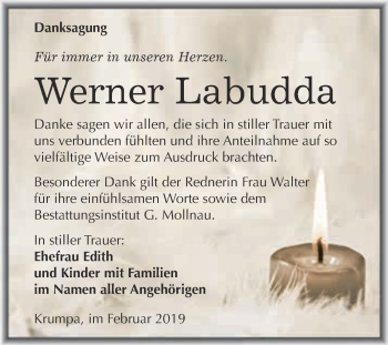 Traueranzeige von Werner Labudda von WVG - Wochenspiegel Merseburg