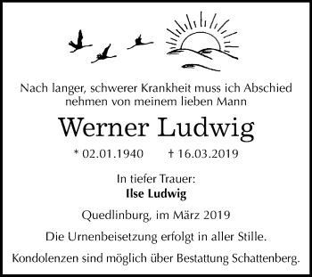Traueranzeige von Werner Ludwig von Mitteldeutsche Zeitung Quedlinburg