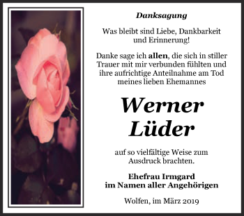Traueranzeige von Werner Lüder von WVG - Wochenspiegel Bitterfeld