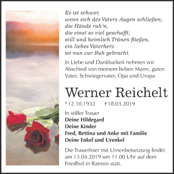 Traueranzeige von Werner Reichelt von WVG - Wochenspiegel Bitterfeld