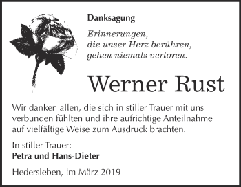 Traueranzeige von Werner Rust von WVG - Wochenspiegel Quedlinburg