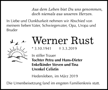 Traueranzeige von Werner Rust von Mitteldeutsche Zeitung Quedlinburg