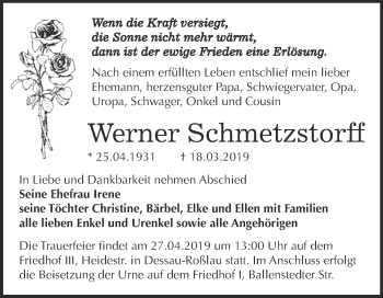 Traueranzeige von Werner Schmetzstorff von WVG - Wochenspiegel Dessau / Köthen