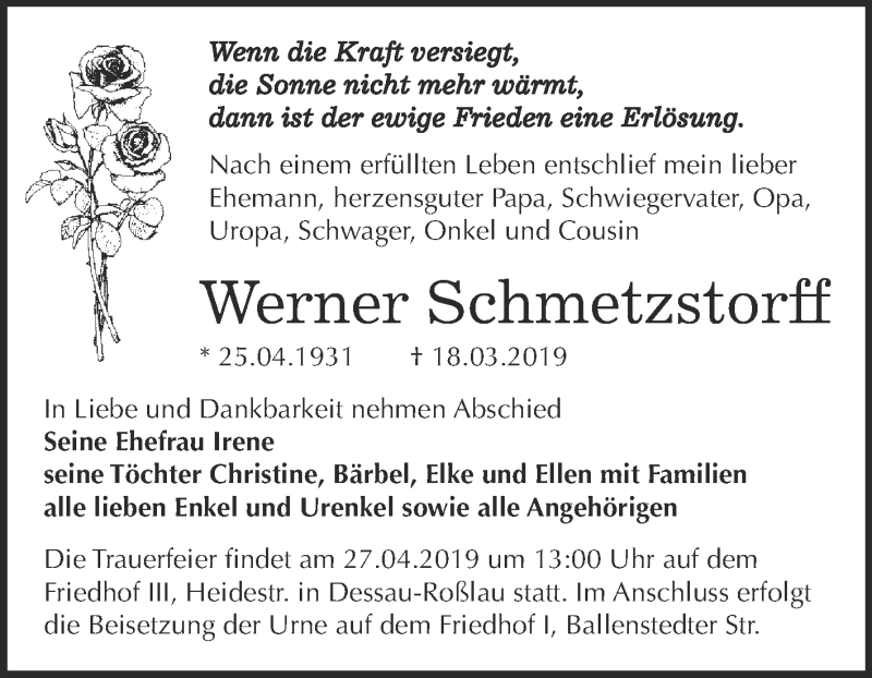  Traueranzeige für Werner Schmetzstorff vom 23.03.2019 aus WVG - Wochenspiegel Dessau / Köthen