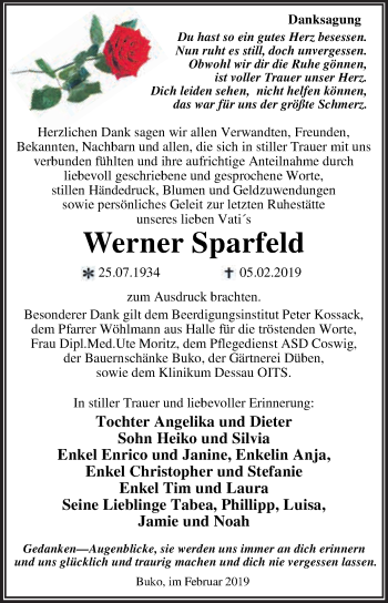 Traueranzeige von Werner Sparfeld von WVG - Wochenspiegel Dessau / Köthen