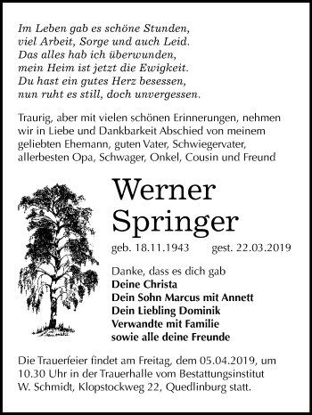 Traueranzeige von Werner Springer von Mitteldeutsche Zeitung