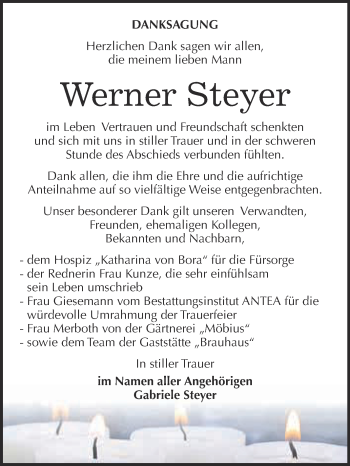 Traueranzeige von Werner Steyer von Super Sonntag Wittenberg