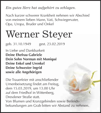 Traueranzeige von Werner Steyer von Super Sonntag Wittenberg