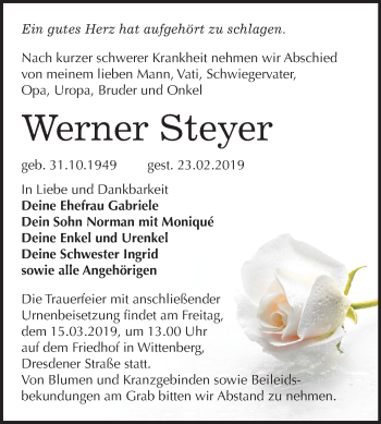 Traueranzeige von Werner Steyer von Mitteldeutsche Zeitung