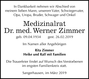 Traueranzeige von Werner Zimmer von Super Sonntag SGH Mansf. Land