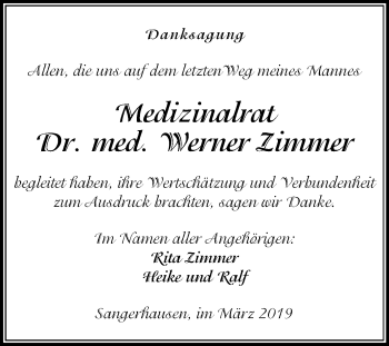 Traueranzeige von Werner Zimmer von Mitteldeutsche Zeitung Sangerhausen
