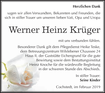 Traueranzeige von Werner Heinz Krüger von Super Sonntag Aschersleben