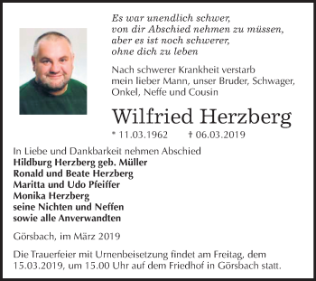 Traueranzeige von Wilfried Herzberg von Mitteldeutsche Zeitung Sangerhausen