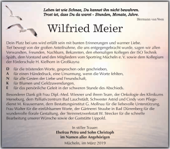 Traueranzeige von Wilfried Meier von WVG - Wochenspiegel Merseburg