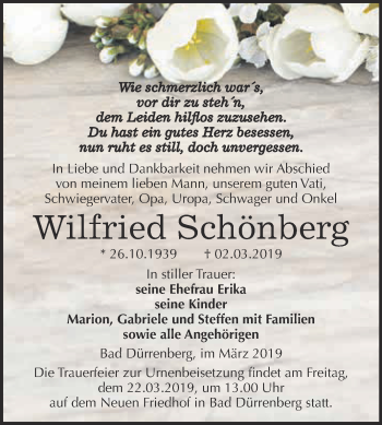 Traueranzeige von Wilfried Schönberg von Super Sonntag Merseburg