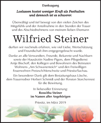 Traueranzeige von Wilfried Steiner von WVG - Wochenspiegel Wittenberg