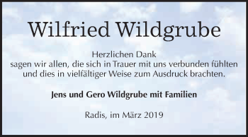 Traueranzeige von Wilfried Wildgrube von WVG - Wochenspiegel Wittenberg