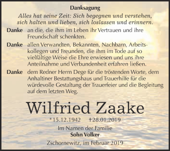 Traueranzeige von Wilfried Zaake von WVG - Wochenspiegel Dessau / Köthen
