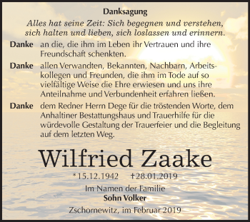Traueranzeige von Wilfried Zaake von Mitteldeutsche Zeitung