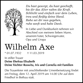 Traueranzeige von Wilhelm Axe von WVG - Wochenspiegel Wittenberg