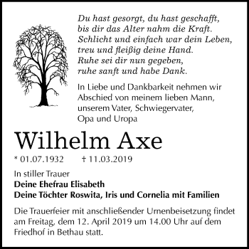 Traueranzeige von Wilhelm Axe von Mitteldeutsche Zeitung