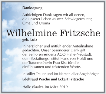 Traueranzeige von Wilhelmine Fritzsche von Mitteldeutsche Zeitung Halle/Saalkreis