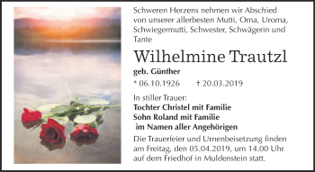 Traueranzeige von Wilhelmine Trautzl von WVG - Wochenspiegel Bitterfeld