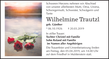 Traueranzeige von Wilhelmine Trautzl von Mitteldeutsche Zeitung Bitterfeld