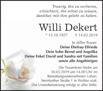 Traueranzeige von Willi Dekert von WVG - Wochenspiegel Bitterfeld