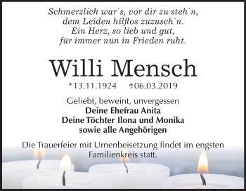 Traueranzeige von Willi Mensch von Mitteldeutsche Zeitung