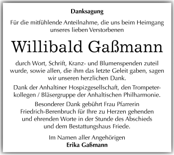 Traueranzeige von Willibald Gaßmann von Mitteldeutsche Zeitung Dessau-Roßlau