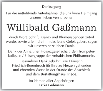 Traueranzeige von Willibald Gaßmann von WVG - Wochenspiegel Dessau / Köthen