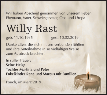 Traueranzeige von Willy Rast von Mitteldeutsche Zeitung Bitterfeld