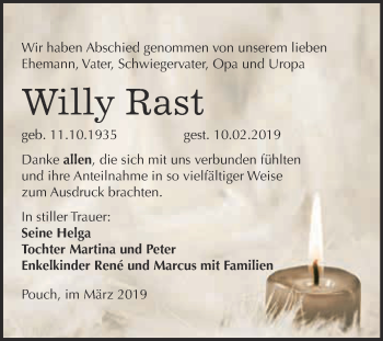 Traueranzeige von Willy Rast von WVG - Wochenspiegel Bitterfeld