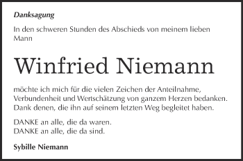 Traueranzeige von Winfried Niemann von WVG - Wochenspiegel Dessau / Köthen