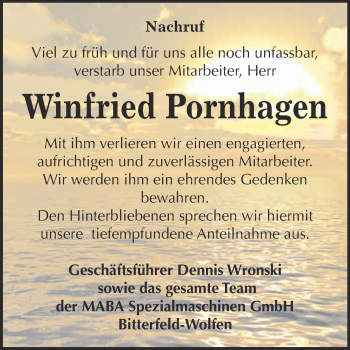 Traueranzeige von Winfried Pornhagen von WVG - Wochenspiegel Bitterfeld