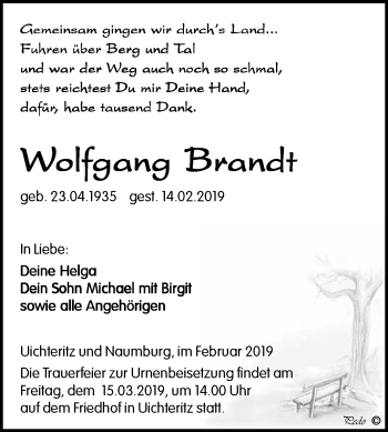 Traueranzeige von Wolfgang Brandt von WVG - Wochenspiegel NMB / WSF / ZTZ