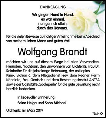 Traueranzeige von Wolfgang Brandt von WVG - Wochenspiegel NMB / WSF / ZTZ