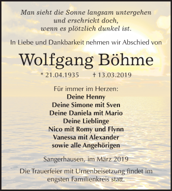 Traueranzeige von Wolfgang Böhme von Mitteldeutsche Zeitung Sangerhausen