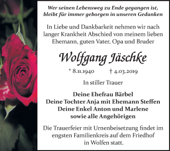 Traueranzeige von Wolfgang Jäschke von WVG - Wochenspiegel Bitterfeld