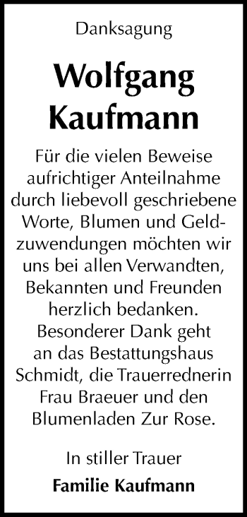 Traueranzeige von Wolfgang Kaufmann von Mitteldeutsche Zeitung Quedlinburg