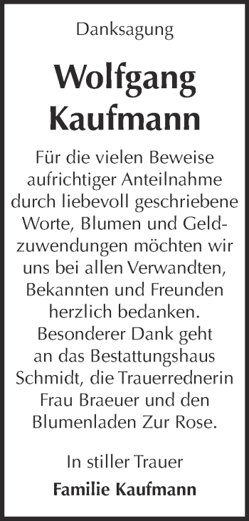 Traueranzeige von Wolfgang Kaufmann von Super Sonntag Quedlinburg