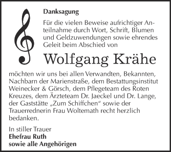 Traueranzeige von Wolfgang Krähe von Super Sonntag Bernburg